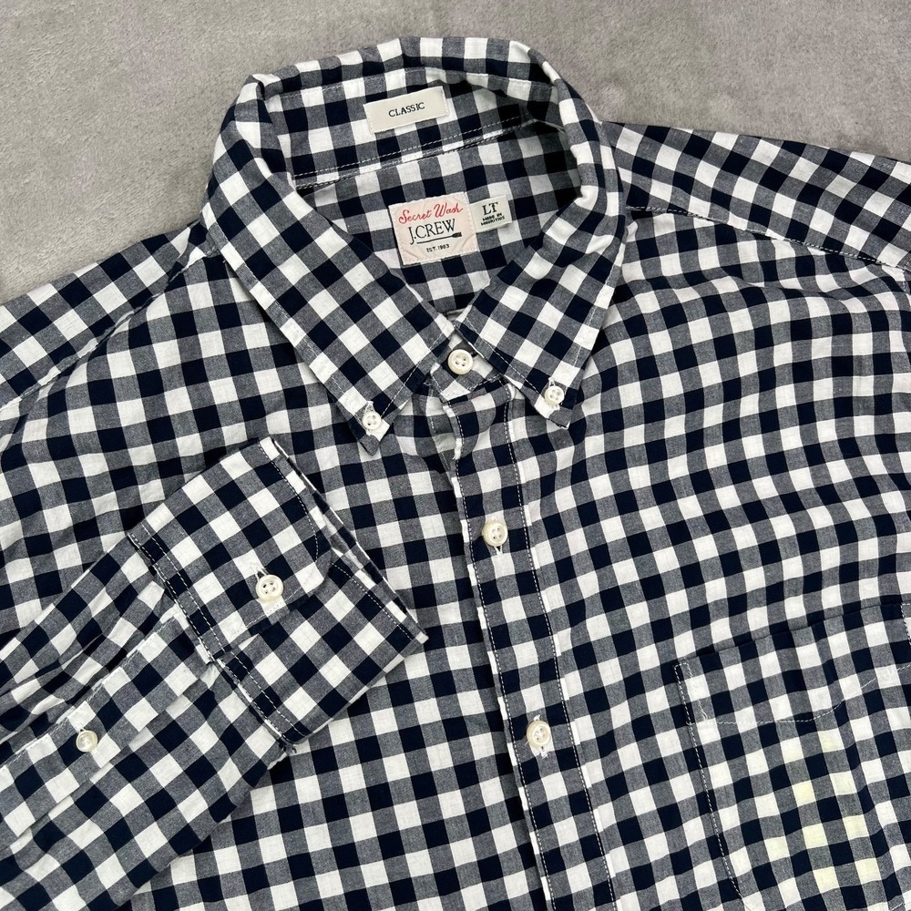 J Crew Shirt Mens Large Tall Black White Gingham Poplin Plaid Secret Wash Button